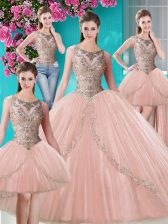 Sumptuous Four Piece Scoop Peach Sleeveless Floor Length Beading and Appliques Lace Up Quinceanera Dresses