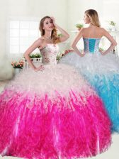  Pink And White Sweetheart Lace Up Beading and Ruffles Quinceanera Gown Sleeveless
