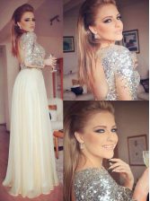 Romantic Champagne Chiffon Backless Sweetheart Long Sleeves Floor Length Prom Evening Gown Sequins