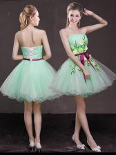 Shining Sleeveless Mini Length Appliques and Belt Lace Up Prom Dresses with Apple Green