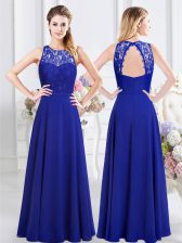 Colorful Scoop Royal Blue Chiffon Backless Quinceanera Court of Honor Dress Sleeveless Floor Length Lace