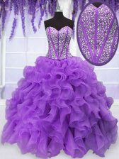  Organza Sweetheart Sleeveless Lace Up Beading and Ruffles Quinceanera Dress in Purple