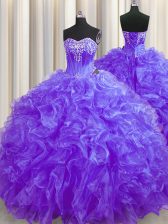 Inexpensive Purple Ball Gowns Organza Sweetheart Sleeveless Beading and Ruffles Lace Up Quinceanera Dress Brush Train