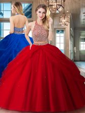  Halter Top Sleeveless Tulle Sweet 16 Dress Beading and Pick Ups Backless