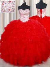  Red Sweetheart Lace Up Beading and Ruffles Sweet 16 Dress Sleeveless