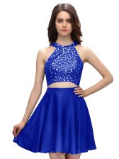 Taffeta Scoop Sleeveless Zipper Beading Prom Gown in Royal Blue