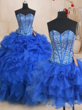 Fashionable Three Piece Floor Length Ball Gowns Sleeveless Royal Blue Sweet 16 Dress Lace Up