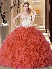  Floor Length Lace Up Quinceanera Gown Rust Red for Military Ball and Sweet 16 and Quinceanera with Embroidery and Ruffles
