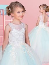  Ball Gowns Toddler Flower Girl Dress White and Light Blue Scoop Tulle Sleeveless Floor Length Backless