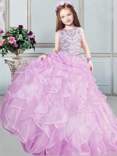  Organza Scoop Sleeveless Lace Up Beading and Ruffles Little Girls Pageant Dress in Lilac