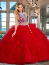 Best Red Two Pieces Scoop Sleeveless Tulle Floor Length Backless Beading and Ruffles 15 Quinceanera Dress