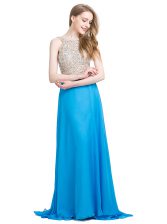  Scoop Sleeveless Homecoming Dress With Brush Train Beading Blue Chiffon