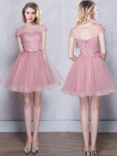  Scoop Pink Short Sleeves Tulle Lace Up Quinceanera Dama Dress for Prom and Party and Wedding Party