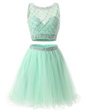 Simple Beading and Belt Dress for Prom Green Side Zipper Sleeveless Mini Length