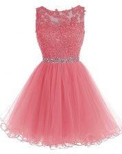  Scoop Knee Length Watermelon Red Evening Dress Chiffon Sleeveless Beading and Lace
