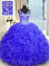  Floor Length Zipper Sweet 16 Dresses Purple for Military Ball and Sweet 16 and Quinceanera with Beading and Ruffles