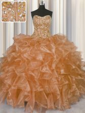 Stunning Visible Boning Champagne Ball Gowns Organza Strapless Sleeveless Beading and Ruffles Floor Length Lace Up Quinceanera Gown