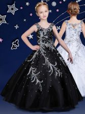  Black Organza Zipper Scoop Sleeveless Floor Length Little Girl Pageant Gowns Beading