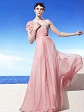 Pink Side Zipper One Shoulder Beading Prom Evening Gown Chiffon Sleeveless