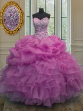 Elegant Pick Ups Lilac Sleeveless Organza Lace Up Ball Gown Prom Dress for Military Ball and Sweet 16 and Quinceanera