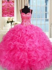 Sweet Hot Pink Sweet 16 Quinceanera Dress Military Ball and Sweet 16 and Quinceanera with Embroidery and Ruffles Straps Sleeveless Lace Up