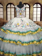  Sleeveless Floor Length Embroidery and Ruffled Layers Lace Up Quinceanera Dress with Multi-color