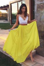  Ruching Prom Gown Yellow Zipper Sleeveless Floor Length