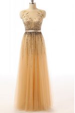 Pretty Beading and Belt Prom Evening Gown Gold Side Zipper Sleeveless Floor Length