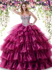  Ruffled Fuchsia Sleeveless Organza Lace Up Sweet 16 Quinceanera Dress for Military Ball and Sweet 16 and Quinceanera