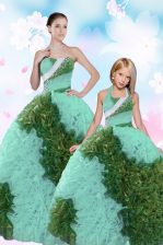 Amazing Sequins Turquoise Sleeveless Fabric With Rolling Flowers Lace Up 15th Birthday Dress for Military Ball and Sweet 16 and Quinceanera