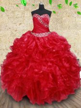  Floor Length Lace Up 15th Birthday Dress Red for Military Ball and Sweet 16 and Quinceanera with Beading and Ruffles