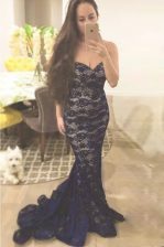  Mermaid Lace Evening Dress Navy Blue Zipper Sleeveless With Train Sweep Train