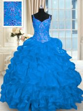 Hot Selling Spaghetti Straps Sleeveless Organza Sweet 16 Quinceanera Dress Beading and Embroidery and Ruffles and Pick Ups Brush Train Lace Up