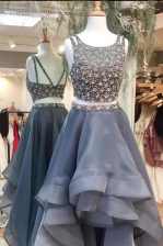 Ideal Scoop Grey Sleeveless High Low Beading Zipper Homecoming Dress