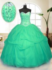 Dramatic Floor Length Green Vestidos de Quinceanera Tulle Sleeveless Sequins and Pick Ups