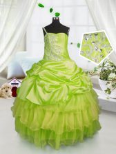  Yellow Green Ball Gowns One Shoulder Sleeveless Satin and Tulle Floor Length Lace Up Beading and Ruffled Layers and Pick Ups Kids Pageant Dress