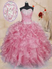 Modest Pink Lace Up Sweetheart Beading and Ruffles Quinceanera Gown Organza Sleeveless