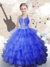 Hot Sale Royal Blue Lace Up Halter Top Beading and Ruffled Layers Little Girls Pageant Dress Wholesale Organza Sleeveless