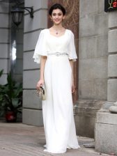 Elegant White Half Sleeves Chiffon Zipper Prom Dresses for Prom and Party