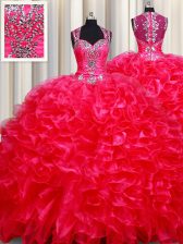 Fashion Straps Sleeveless Floor Length Beading and Ruffles Zipper Quinceanera Dress with Red