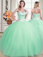 Ideal Tulle Sweetheart Sleeveless Lace Up Beading Vestidos de Quinceanera in Apple Green