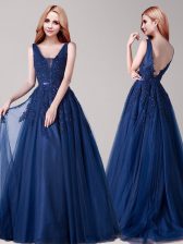  Backless V-neck Sleeveless Prom Dress Floor Length Appliques and Belt Navy Blue Tulle