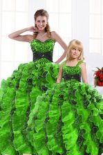 Trendy Sweetheart Lace Up Beading and Appliques and Ruffles Quinceanera Gown Sleeveless