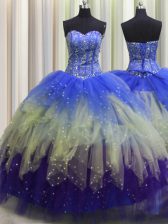Best Visible Boning Multi-color Sleeveless Beading and Ruffles and Sequins Floor Length Quinceanera Gown