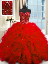 Fashion Red Quinceanera Gown Military Ball and Sweet 16 and Quinceanera with Beading and Ruffles and Sequins Sweetheart Sleeveless Lace Up