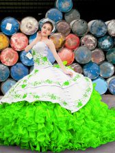 Fancy Lace Up Sweetheart Appliques and Embroidery and Ruffles Quince Ball Gowns Organza Sleeveless