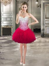  Sweetheart Sleeveless Prom Evening Gown Mini Length Beading and Ruffles Hot Pink Tulle