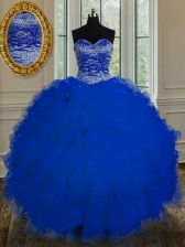 Super Royal Blue Ball Gowns Sweetheart Sleeveless Tulle Floor Length Lace Up Beading and Ruffles Vestidos de Quinceanera