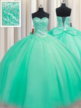  Turquoise Sleeveless Floor Length Beading and Bowknot Lace Up Sweet 16 Dress