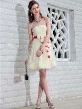 Lace Floor Length Backless Prom Dresses White for Prom and Party with Belt and Hand Made Flower